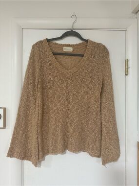 Vince Textured V-Neck Sweater in Camel Tan with bell bottom sleeves